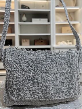 The Sak Gray Loop Knit Crochet Crossbody Bag Shaggy Fringe Flap Shoulder Purse